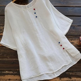 Resim 1pc Kadın Plus Beden Yaz Casual Kısa Kollu Gömlek, İnce Yaka, Düz Renk, Hafif Esnek Dokuma Kumaş - %65 Pamuk %35 Polyester 