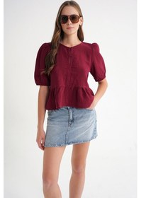 Resim Mixray 4713 Kadın Beli Büzgülü Kolu Lastikli Bol Müslin Bluz Bordo 