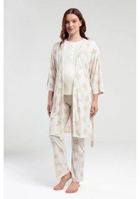Resim Pierre Cardin 9009 Hamile Lohusa Sabahlıklı Kısa Kollu Pijama Takımı - Krem 