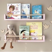 Resim Jaju Baby Pembe Raf Naturel Çıta 60 Cm Çocuk Odası 2'li Montessori Kitaplık Raf Mobilya 