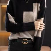 Resim Kadınlar İçin Şık Renk Bloklu Yuvarlak Yaka Kazak - Siyah & Turuncu Geometrik Desen, Tüm Mevsimler İçin Uzun Kollu Üst, Elde Yıkanabilir/Kuru Temizleme, Lüks Streetwear Modası 