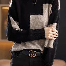 Resim Kadınlar İçin Şık Renk Bloklu Yuvarlak Yaka Kazak - Siyah & Turuncu Geometrik Desen, Tüm Mevsimler İçin Uzun Kollu Üst, Elde Yıkanabilir/Kuru Temizleme, Lüks Streetwear Modası 