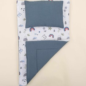 Resim Alt Açma Matı ve Yastık - Çift Taraflı - Koyu Mavi Petek - Mavi Kedi 