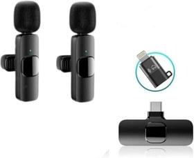 Resim Daytona K9-D2 TYPE-C Lightning Dönüştürücülü Wireless Kablosuz Çiftli Yaka Mikrofonu 