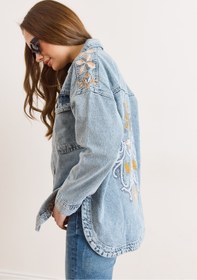 Resim Olalook Kadın Mavi Sırtı Nakış Detaylı Oversize Denim Ceket CKT-19000435 