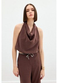 Resim Sateen Degaje Yaka Bluz - Kahve Kahve 