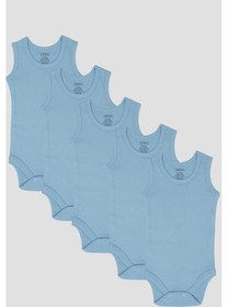 Resim %100 Organik Pamuklu Mavi Bebek Atlet Çıtçıtlı Zıbın Body 5'li Paket Mavi 
