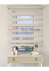 Resim Geniş Plise Beyaz Boncuklu Zebra Stor Güneşlik Perde Opak Ekru 