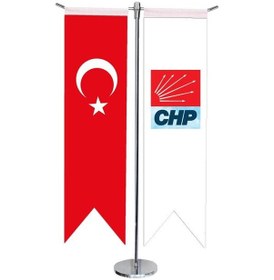 Resim Masa Üstü Kırlangıç Chp + Türk Bayrağı + Krom T Direk Masa Bayrak 