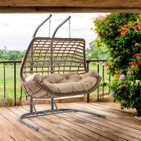 Resim Cunda | Çiftli Rattan Bahçe Salıncağı | Rehome Balkon Salıncağı - Açık Kahve 