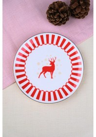 Resim Tabak Evi Porselen Altın Yaldızlı Geyik Pasta Tabağı 20,50cm Tekli Çok Renkli 