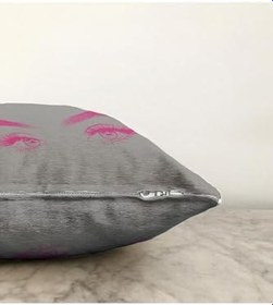 Resim RealHomes Gri Zeminde Fuşya Kirpik Motifli Çift Taraflı Özel Tasarım Raşel Örme Yastık Kılıfı, Sonil-K5096kolajayna-43x43cm 