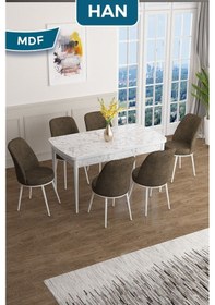 Resim Canisa Han Serisi, 70x114 Açılabilir Mdf Masa Takımı, Beyaz Mermer Desen Masa Ve 6 Kahve Sandalye Masa Beyaz Mermer Desen Sandalye Kahve 