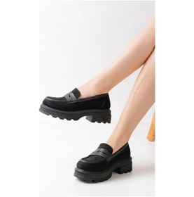 Resim Siyah Süet Günlük Yüksek Tabanlı Loafer Ayakkabı Siyah Süet Siyah 