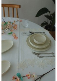 Resim Akacihome Yaprak Güpürlü 4'lü Amerikan Servis& Runner Gardenya Keten Yıkanabilir Leke Tutmaz Premium Çeyiz Set Krem 