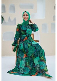 Resim Neşeli Butik Kadın Yeşil Kemerli Tesettür Şifon Elbise Sms025 Yeşil 