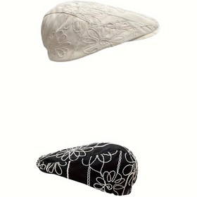 Resim Kadınlar için Şık Vintage Çiçek Nakışlı Beret Şapka - Güneş Koruma, Esnemez Polyester, Yeni Yıl & Yaz Modası için Mükemmel 