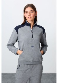Resim Tommy Life Gri Melanj Kompakt Pamuklu Kalın Pürüzsüz Dokulu Dik Yaka Oversize Fit Kadın Eşofman Takım - 95342 GRİ MELANJ 