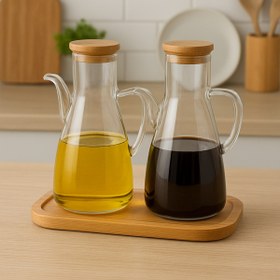 Resim Primeaks MasterChef Tarzı Bambu Kapaklı Yağdanlık Seti – 2 Borosilikat Cam Yağdanlık ve Bambu Altlık 