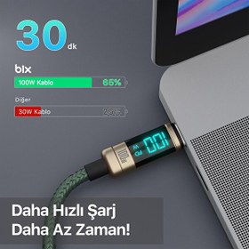 Resim Bix Type-C to Type-C 100W 480Mbps E-Marker Çipli LED Dijital Ekranlı Şarj ve Data Kablosu 1 Metre Bronz 
