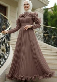 Resim N.S NEVA STYLE Fırfır Detaylı Vizon Tesettür Abiye Elbise 55691V 