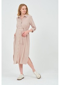 Resim Busa Hamile Gömlek Yaka Önden Cepli Midi Boy Elbise Vizon 