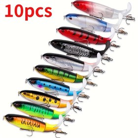 Resim 10 adet Whopper Balıkçılık Yemleri - Topwater Popper Yem, Sert Minnow Yapay Wobblers, Dayanıklı ABS Plastik, Canlı Renkler, Tuzlu ve Tatlı Su Balıkçılığı için Üç Çiftli saç tokası ile 