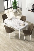 Resim Canisa Par Serisi 70x114, Açılabilir Mdf Yemek Masası Beyaz Mermer Desen Masa Ve 4 Kahve Sandalye Takımı 