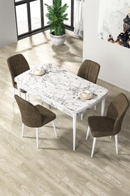 Resim Canisa Par Serisi 70x114, Açılabilir Mdf Yemek Masası Beyaz Mermer Desen Masa Ve 4 Kahve Sandalye Takımı 