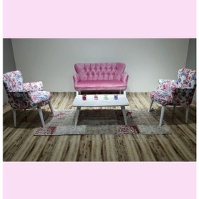 Resim Azra Mobilya Çay Seti Oturma Grubu Oturma Takımı Koltuk Takımı Ahşap Mobilya Takımı Balkon Bahçe Mobilyası Çiçekli-pembe 