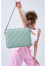 Resim Omuz Askılı Notebook Çanta Tablet Laptop Kılıfı 13"-14" Kapitone Deri Mint Yeşili Renkli 