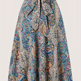 Resim Kadın Bohem Çiçek Desenli A-Line Midi Etek - Canlı Paisley & Çiçek Tasarımı, Düğüm Detayı, İlkbahar/Yaz/Sonbahar için Akışkan Tasarım, Mevsimlik Moda | Canlı Desenli Etek | Akışkan Tasarım Etek 