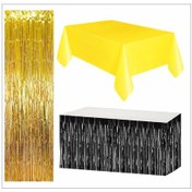 Resim Sarı Masa Örtüsü, Siyah Masa Eteği, Gold Arka Fon 