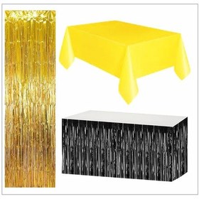 Resim Sarı Masa Örtüsü, Siyah Masa Eteği, Gold Arka Fon 
