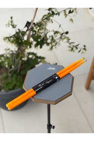 Resim NOTA MÜZİK Auster Standlı Gri Davul Çalışma Pedi - Neon Turuncu 5A Baget Hediyeli Bateri Antrenman Seti 