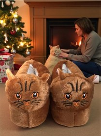 Resim Kadın Kız Çocuk Yumuşak Soft Hayvanlı Kedi Figürlü Panduf Ev Ayakkabısı Kahverengi 