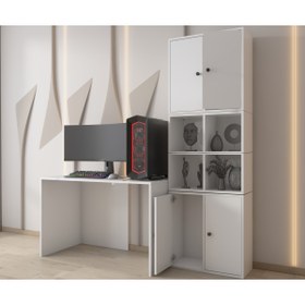 Resim nettrends.net the new trend of shopping Modüler Depolama Kuleli Oyuncu Çalışma Seti – 120 cm Masa + 4 Kapaklı Dolaplar Beyaz-PNR-OYNM-1001 