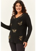 Resim Kadın Büyük Beden Kelebek Gold Taş Baskılı Siyah Bluz Siyah 