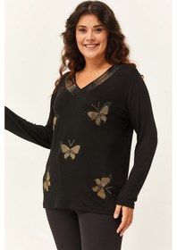 Resim Kadın Büyük Beden Kelebek Gold Taş Baskılı Siyah Bluz Siyah 