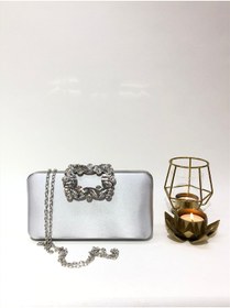 Resim melezzi Gümüş Renk Saten Kumaş Çiçek Motifli Taşlı Elde ve Askılı Abiye Portfoy Clutch Gece Çantası 
