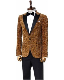 Resim Wessi Leopar Desenli Slim Fit Dik Yaka Sarı Erkek Balo Ceket Sarı 