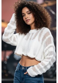 Resim Fashion Cocktail Puffy File Örgü Yünlü Örme Transparan Mini Kısa Göbek Açık Bolero Tarzı Kombin Kazak Crop Ekru 