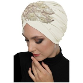 Resim Elysianfidan Kopma Astarlı İşlemeli Krem -pudra Dantel Motifli Hazır Türban Tesettür Abiye Bone Krem - Pudra 