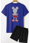 Resim Sırt Baskılı Şort T-shirt Eşofman Takımı Mavi 