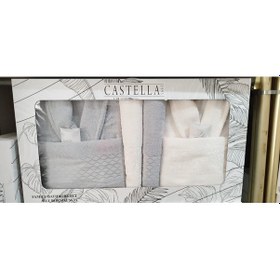 Resim Castella 8 Parça %100 Pamuk Kutulu Çeyizlik Aile Bornoz Seti Bornoz Takımı Çeyiz Set Beyaz - Gri 