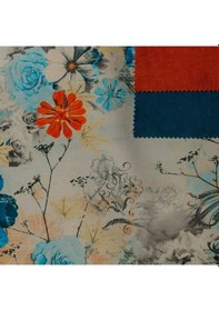 Resim Mavi Turuncu Renkli Çiçekli Dijital Baskılı Süet Kumaş 