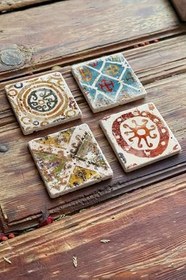 Resim Oscar Stone Decor Baskılı Doğaltaş Bardak Altlığı 4'Lü Set Desen Tile 4Dsn-124 