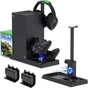 Resim Xbox Series X Konsol ve Denetleyici için Soğutma Fanlı Şarj Standı, 2 x 1400 mAh Şarj Edilebilir Pil ve Kapaklı Dikey Çift Şarj İstasyonu Dock Aksesuarları, Kulaklık Standı ve 10 Oyun Yuvası (Siyah) 