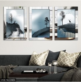 Resim Burshe Modern Sanat Ağaç ve Geyik 3 Parça Gümüş Pleksi Aynalı Tablo 