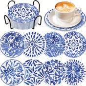 Resim 8 adet DIY Elmas Boyama Bardak Altlığı Seti, 10x10 cm Ahşap Yuvarlak Bardak Altlıkları Mavi ve Beyaz Porselen Çiçek Tasarımı, Tutucu ile El Sanatları Malzemeleri, İdeal Noel Hediyesi 